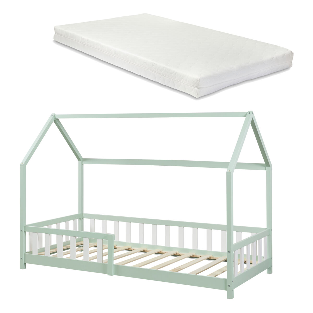 Cama de criança hesel em forma de casa com grelha e colchão 90x200cm - verde menta [en.casa]