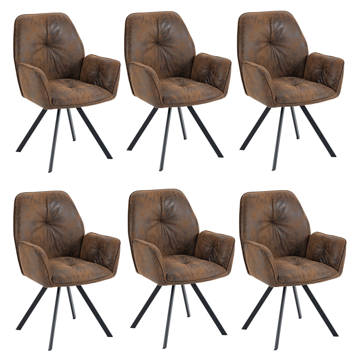 Conjunto de 6 cadeiras de jantar giratórias 360° poltrona vintage em camurça, castanho, 60x62.5x87.5cm