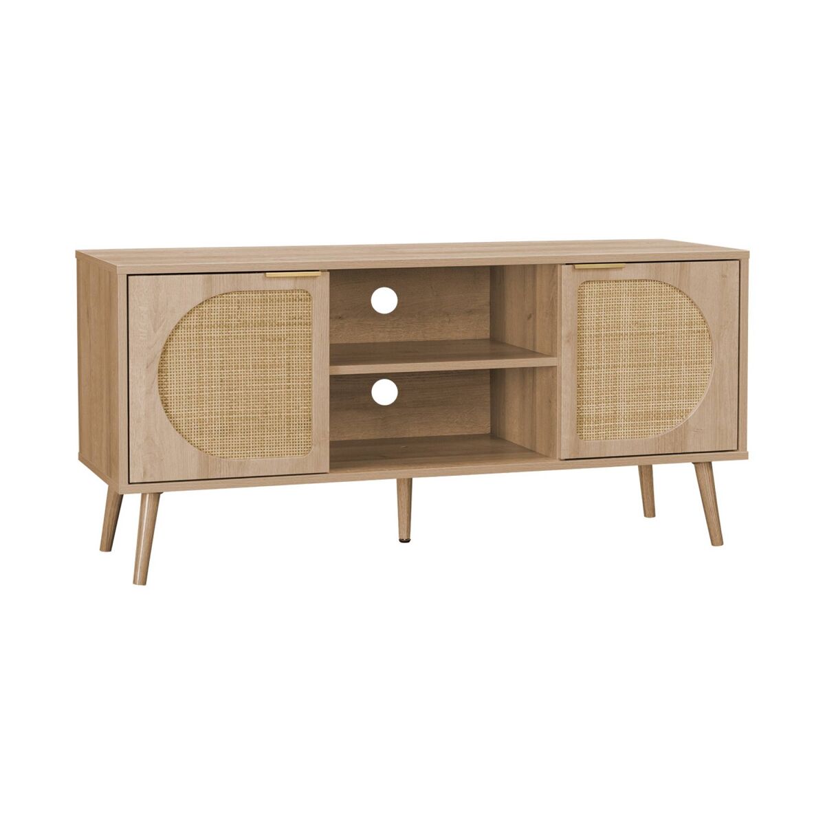 Móvel de tv com efeito madeira e cana arredondada, 120cm, eva, natural, 120x39x56.5 cm