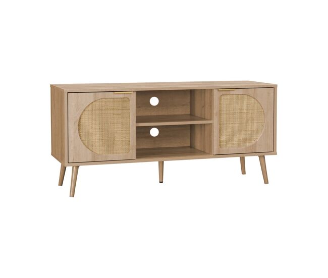 Móvel de tv com efeito madeira e cana arredondada, 120cm, eva, natural, 120x39x56.5 cm