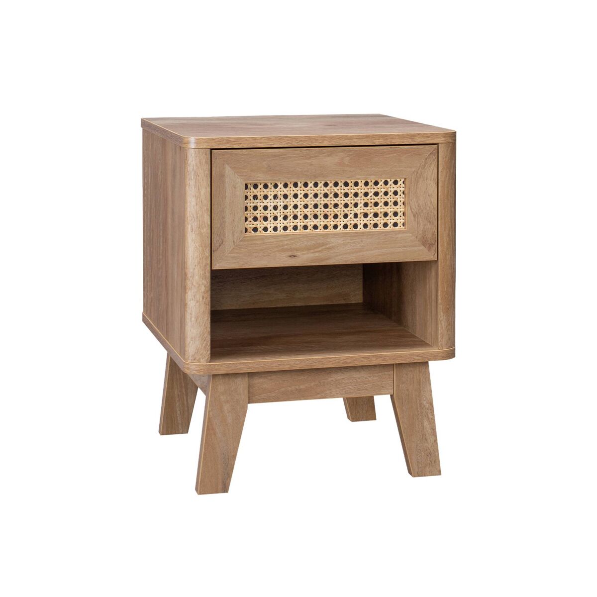 Mesa de cabeceira com 1 gaveta e 1 nicho, efeito madeira e cana