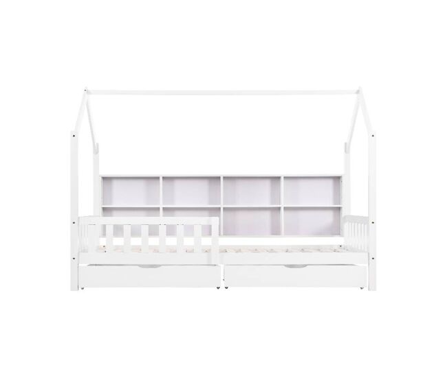 Cama de criança,cama-casa de madeira maciça 90x200cm com 2 gavetas,branco