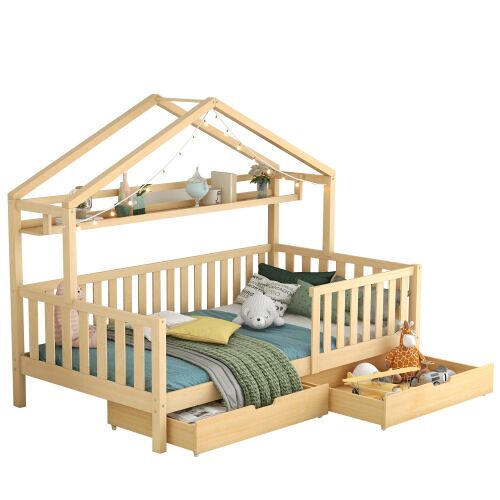 Cama de criança,cama-casa de madeira de pinho 90x200cm com 2 gavetas,natural