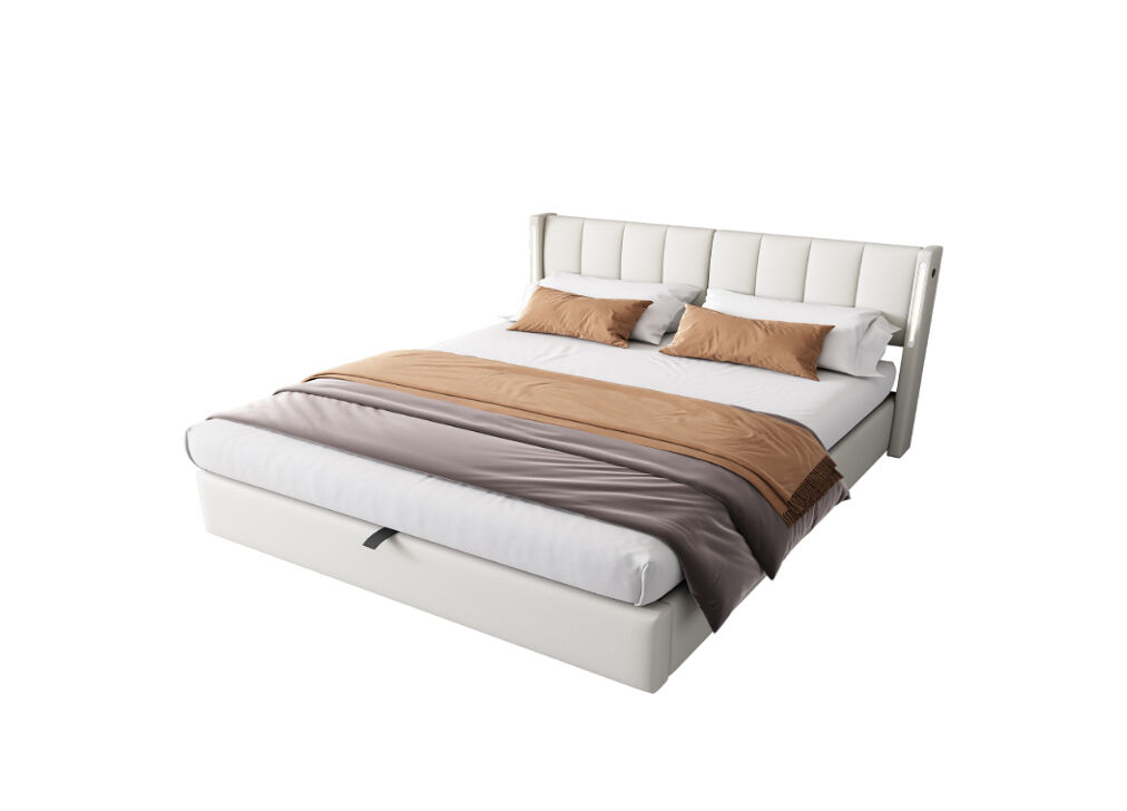 Cama de casal de pu 180x200cm com armazenamento,luz led,branco