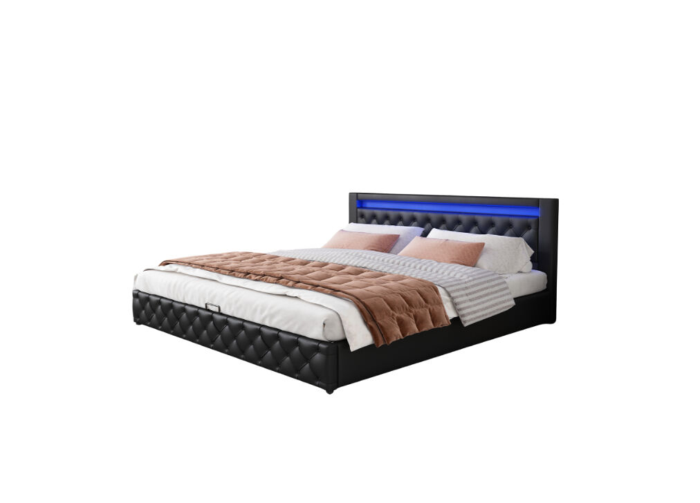 Cama de casal de pu 160x200cm com armazenamento e luz led,preto