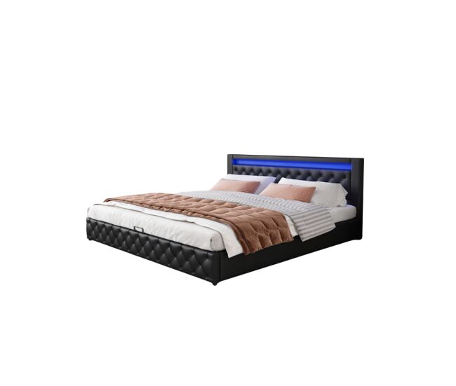 Cama de casal de pu 160x200cm com armazenamento e luz led,preto