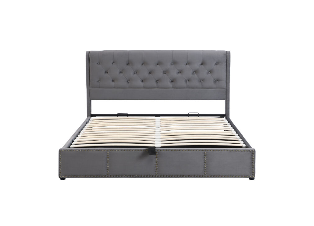 Cama de casal de veludo 140x200cm com armazenamento,cinza escuro