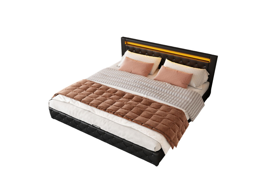 Cama de casal de pu 180x200cm com armazenamento e luz led,preto