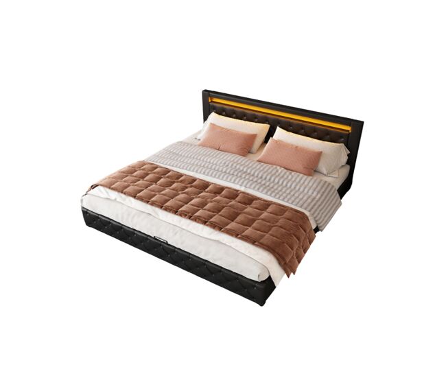 Cama de casal de pu 180x200cm com armazenamento e luz led,preto