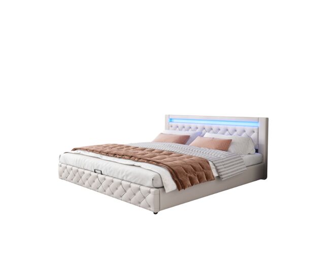 Cama de casal de pu 160x200cm com armazenamento e luz led,branco