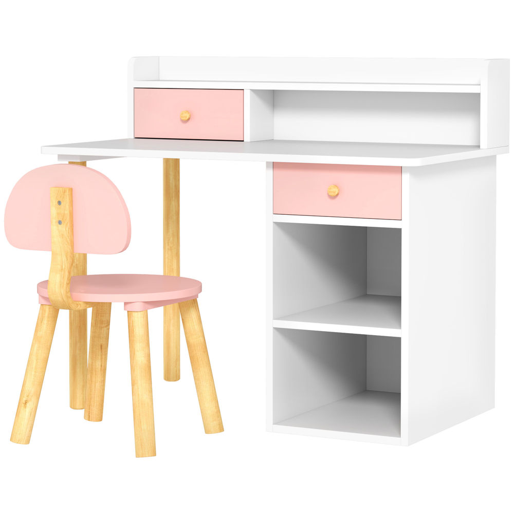 Aiyaplay conjunto de secretária e cadeira para enfants acima de 3 anos mesa de estudo com étagères para livros e gaveta de arrumação carga 80 kg 85x48x73 rosa e blanc