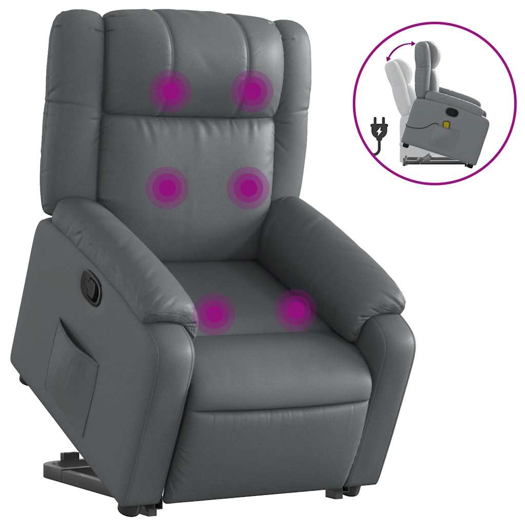 Vidaxl poltrona massagens reclinável elevatória couro artif. cinzento