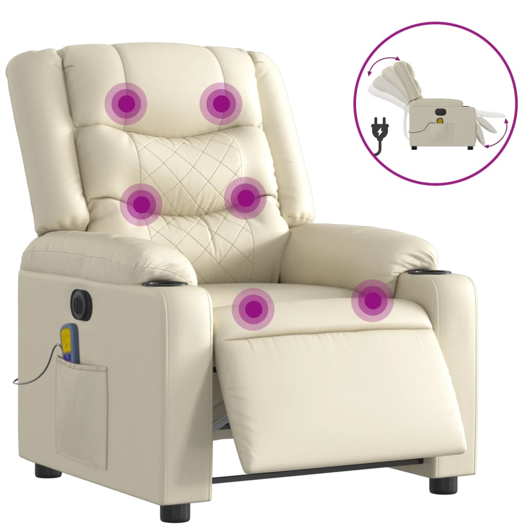 Vidaxl poltrona massagens reclinável elétrica couro artificial creme