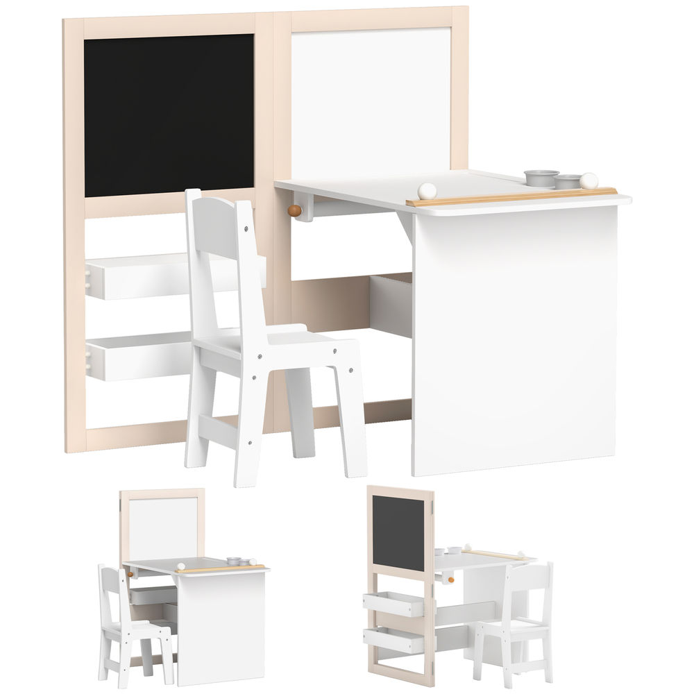 Aiyaplay mesa e cadeira infantil de 2 peças mesa para crianças com cadeira ardósias dobrável mesa para crianças acima de 3 anos com prateleiras rolo de papel para dormitório sala de jogos branco