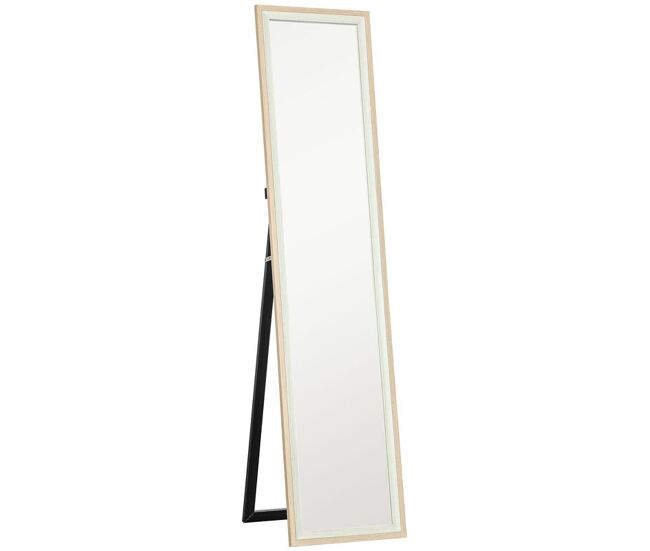 Homcom espelho de pé 37x157 cm espelho de corpo inteiro com estrutura de mdf e suporte para sala de estar dormitório branco e madeira clara