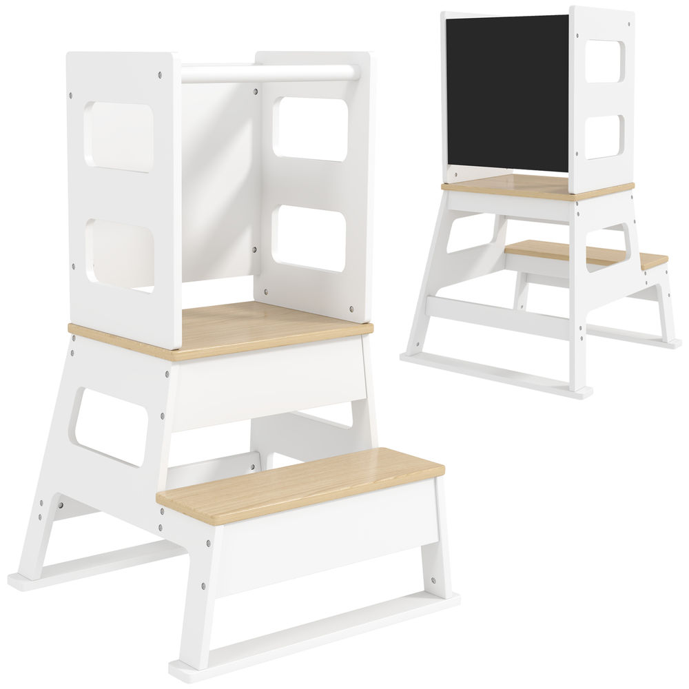 Aiyaplay torre de aprendizagem 2 em 1 banco de aprendizagem para enfants dos 3-6 anos com quadro e grade de segurança para casa de banho e cozinha 55x52,5x87,5 cm blanc