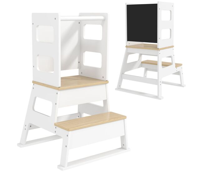 Aiyaplay torre de aprendizagem 2 em 1 banco de aprendizagem para enfants dos 3-6 anos com quadro e grade de segurança para casa de banho e cozinha 55x52,5x87,5 cm blanc