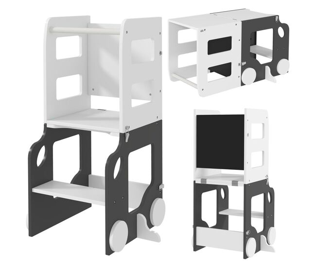 Aiyaplay torre de aprendizagem 4 em 1 torre de aprendizagem para enfants acima de 3 anos em forma de carro convertível em mesa e cadeira com ardósia barreira de segurança 58x46x92 cm blanc e gris