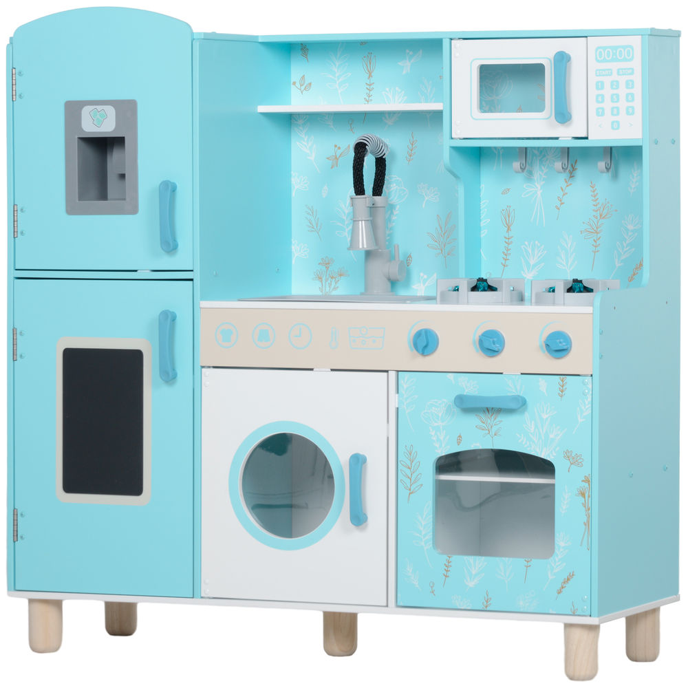 Aiyaplay cozinha de madeira para enfants acima de 3 anos cozinha infantil com sons fogão forno micro-ondas machine de gelo e acessórios 90x33,3x91,6 cm bleu