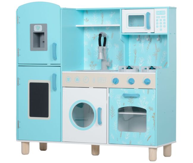 Aiyaplay cozinha de madeira para enfants acima de 3 anos cozinha infantil com sons fogão forno micro-ondas machine de gelo e acessórios 90x33,3x91,6 cm bleu