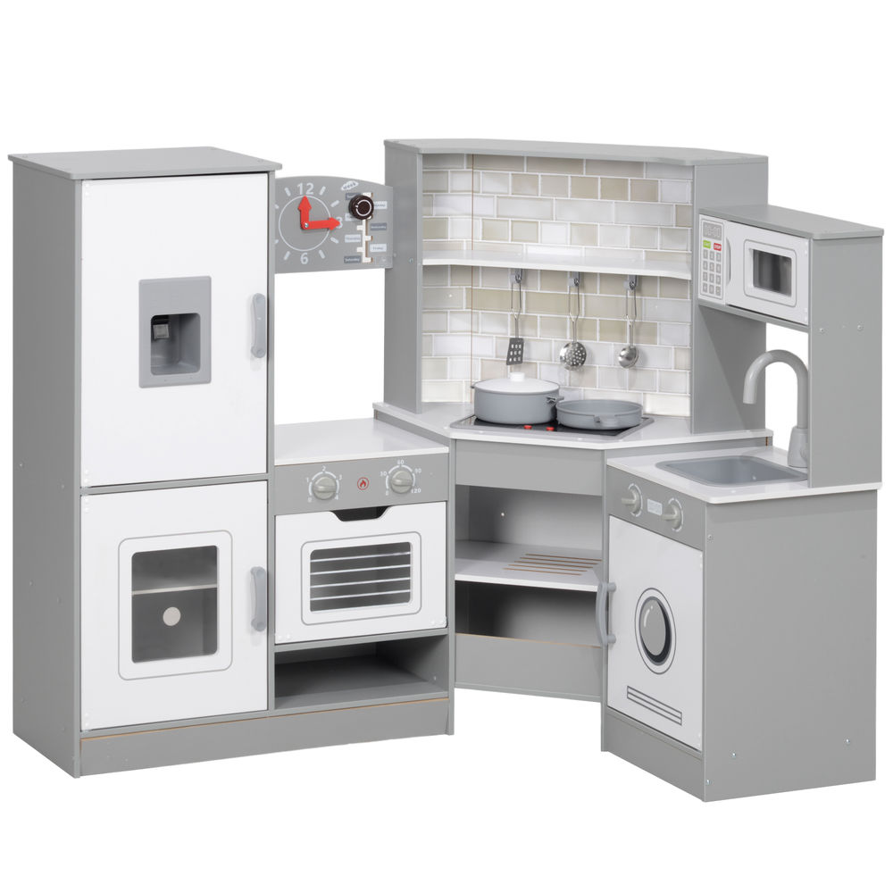 Aiyaplay cozinha de madeira para enfants acima de 3 anos cozinha de brincar infantil com sons fogão forno lavatório micro-ondas machine de gelo e acessórios 110x80x91 cm gris