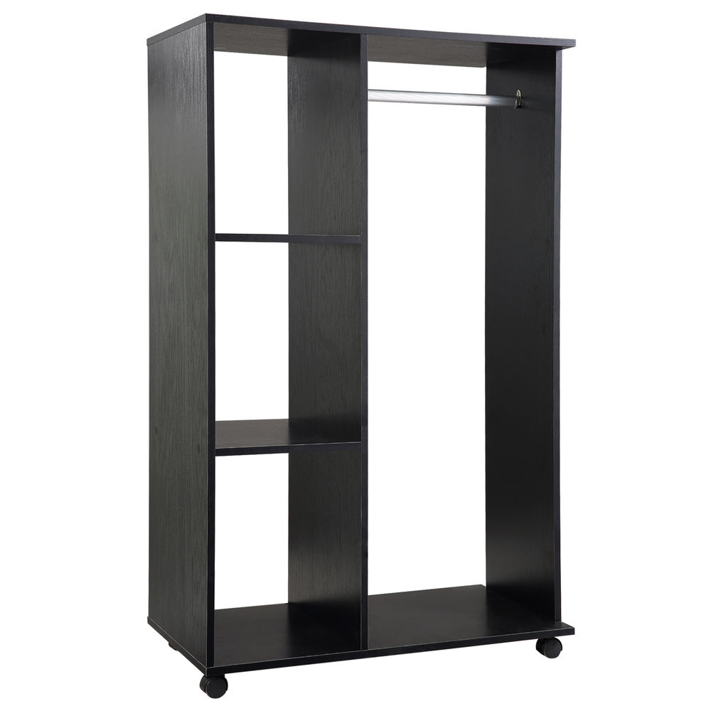 Homcom roupeiro de madeira móvel armário roupeiro aberto com barra para pendurar e 3 prateleiras organizadoras para dormitório 80x40x128 cm preto