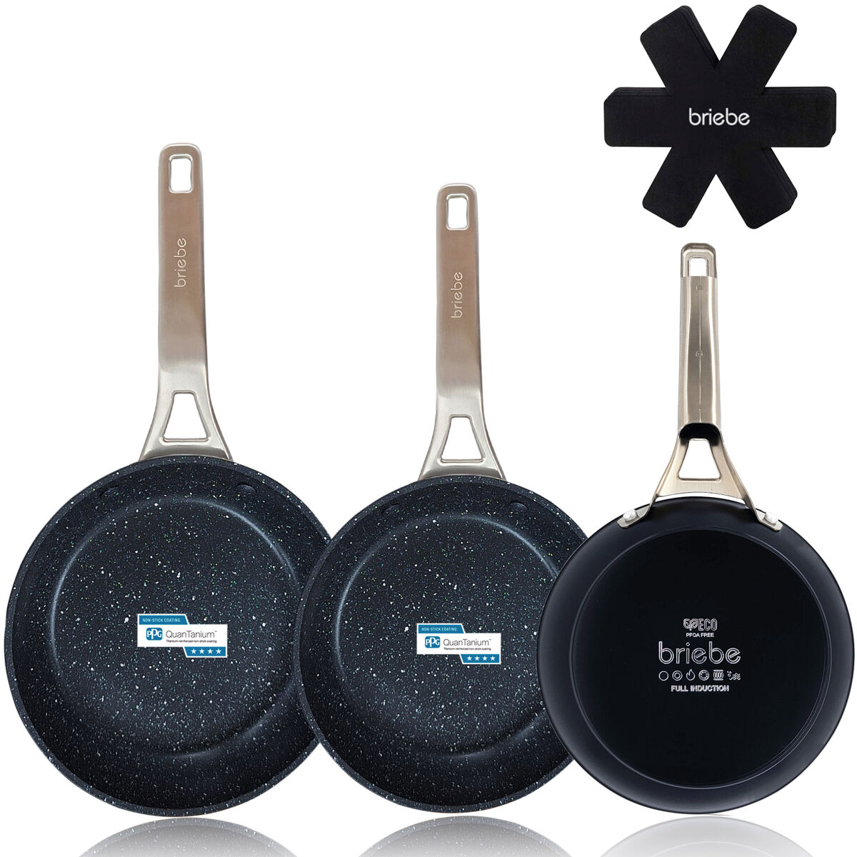 Briebe black titanium conjunto de 3 frigideiras indução antiaderentes titânio 18-20-24cm, alumínio forjado sem pfoa, , noir