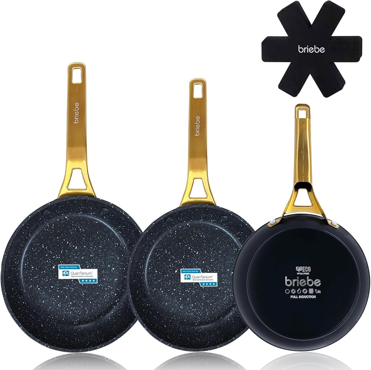 Briebe gold titanium conjunto de 3 frigideiras indução antiaderentes titânio 20-24-28cm, alumínio forjado sem pfoa, , noir