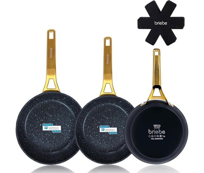 Briebe gold titanium conjunto de 3 frigideiras indução antiaderentes titânio 20-24-28cm, alumínio forjado sem pfoa, , noir