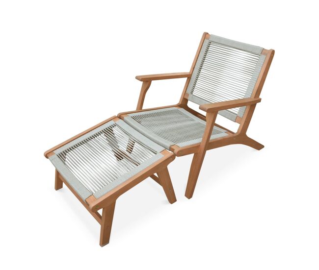 Cadeira de jardim em madeira e corda com apoio para os pés, cuzco, taupe, 66.5x81x71 cm
