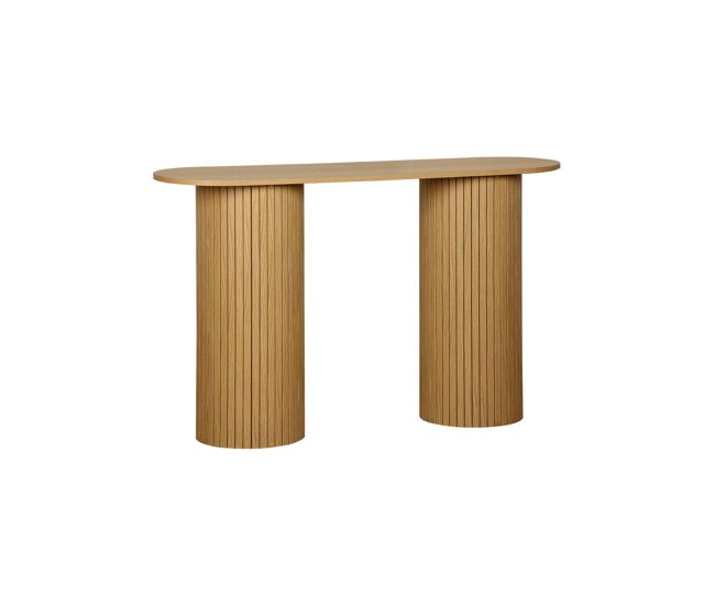Console escandinava oval com efeito de madeira estriada, legacy, natural, 120x35x75 cm