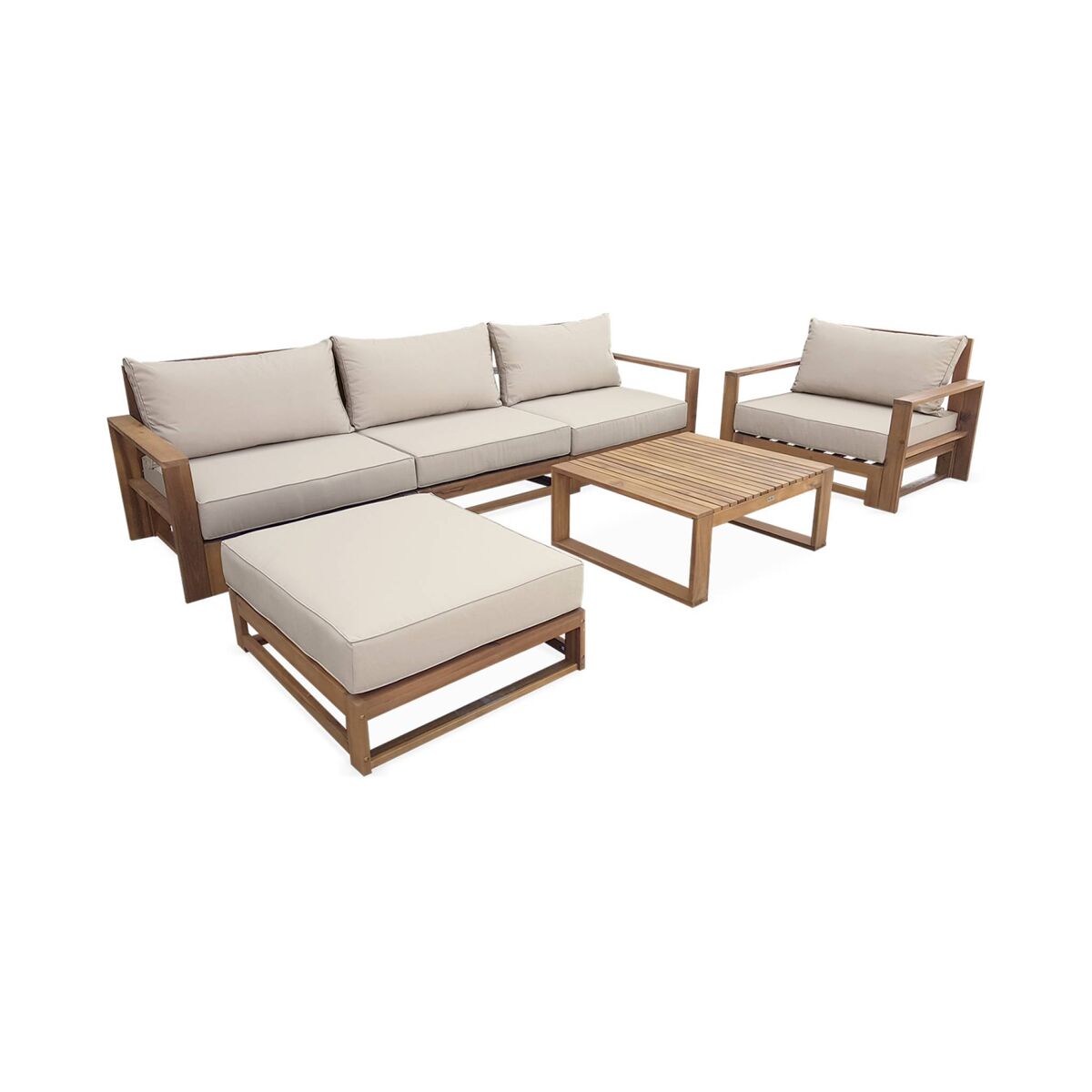 Conjunto de mobiliário de jardim com sofá e poltrona em madeira, 5 lugares, mendoza, madeira, 273x75x72.5 cm