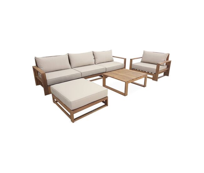 Conjunto de mobiliário de jardim com sofá e poltrona em madeira, 5 lugares, mendoza, madeira, 273x75x72.5 cm