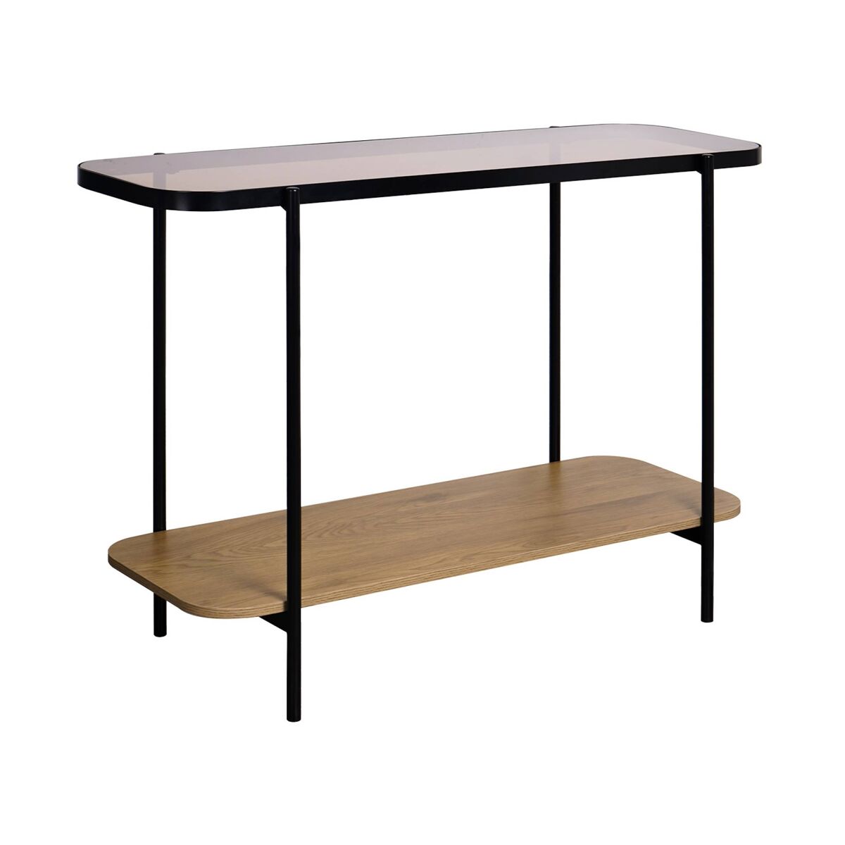 Consola vintage em metal noir com 2 tampos (decoração em vidro e madeira), cantos arredondados