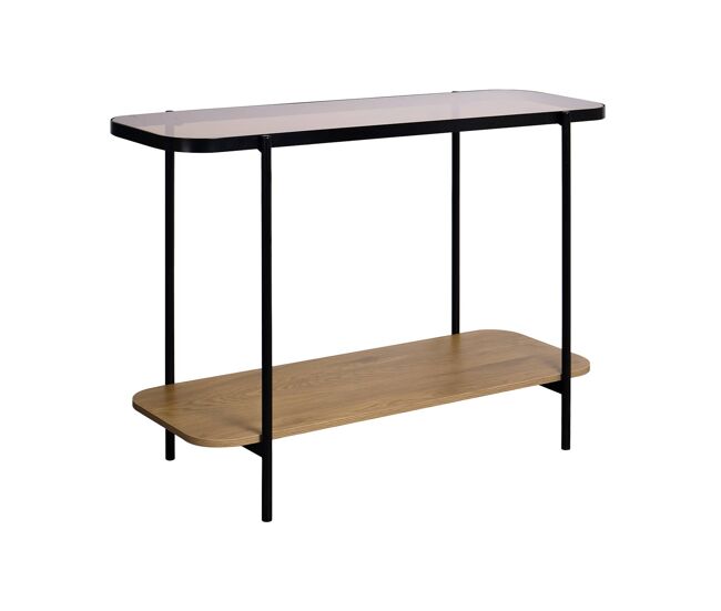 Consola vintage em metal noir com 2 tampos (decoração em vidro e madeira), cantos arredondados