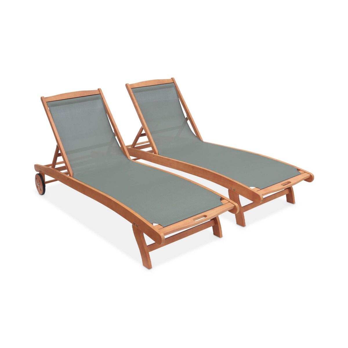 Espreguiçadeira de madeira multiposições com rodízios, set de 2, marbella, verde caqui, 196x68x91 cm
