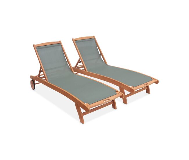 Espreguiçadeira de madeira multiposições com rodízios, set de 2, marbella, verde caqui, 196x68x91 cm