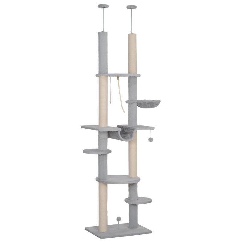 Pawhut arranhador para gatos do chão ao teto 225-255 cm arranhador para gatos com 7 níveis rede plataformas postes de arranhar bola suspensa cinza