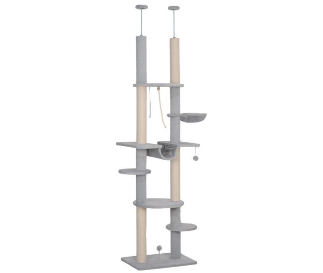 Pawhut arranhador para gatos do chão ao teto 225-255 cm arranhador para gatos com 7 níveis rede plataformas postes de arranhar bola suspensa cinza