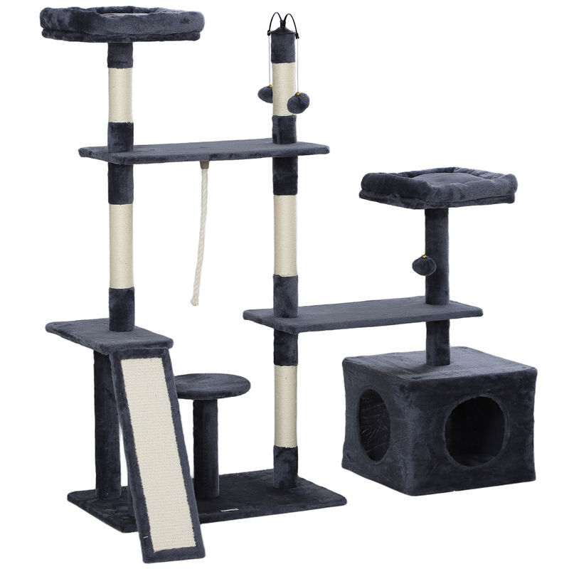 Pawhut arranhador para gatos 134 cm torre de arranhar para gatos com caverna plataformas bolas de jogar e postes de sisal 124,5x40x134 cm cinza escuro