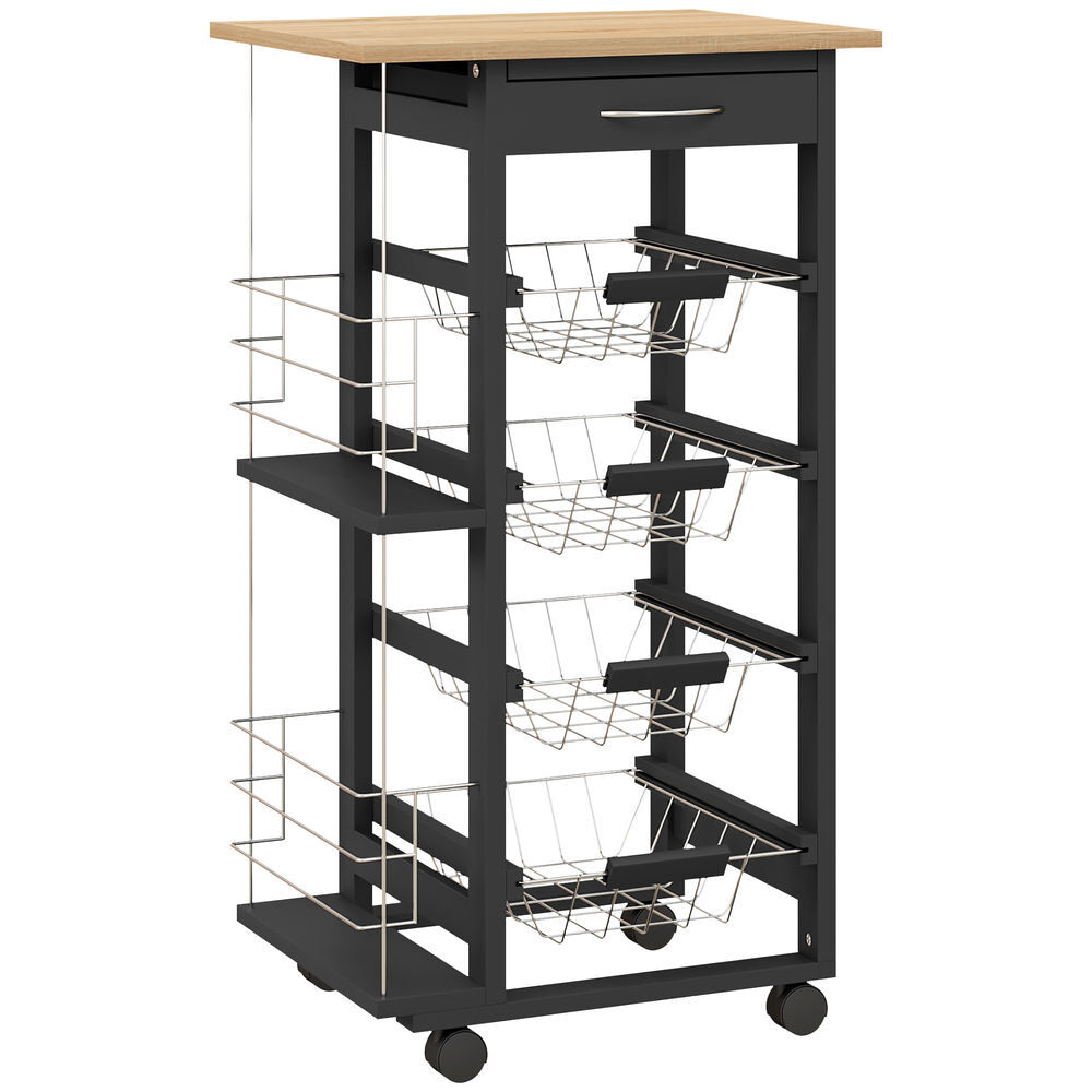 Homcom carrinho de cozinha com rodas carrinho auxiliar com gaveta 4 cestas amovíveis de metal e prateleiras laterais 47x37x83 cm preto e madeira