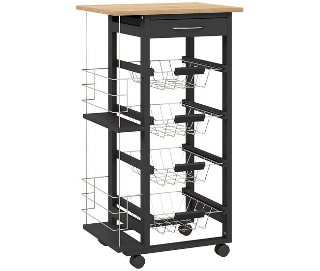 Homcom carrinho de cozinha com rodas carrinho auxiliar com gaveta 4 cestas amovíveis de metal e prateleiras laterais 47x37x83 cm preto e madeira
