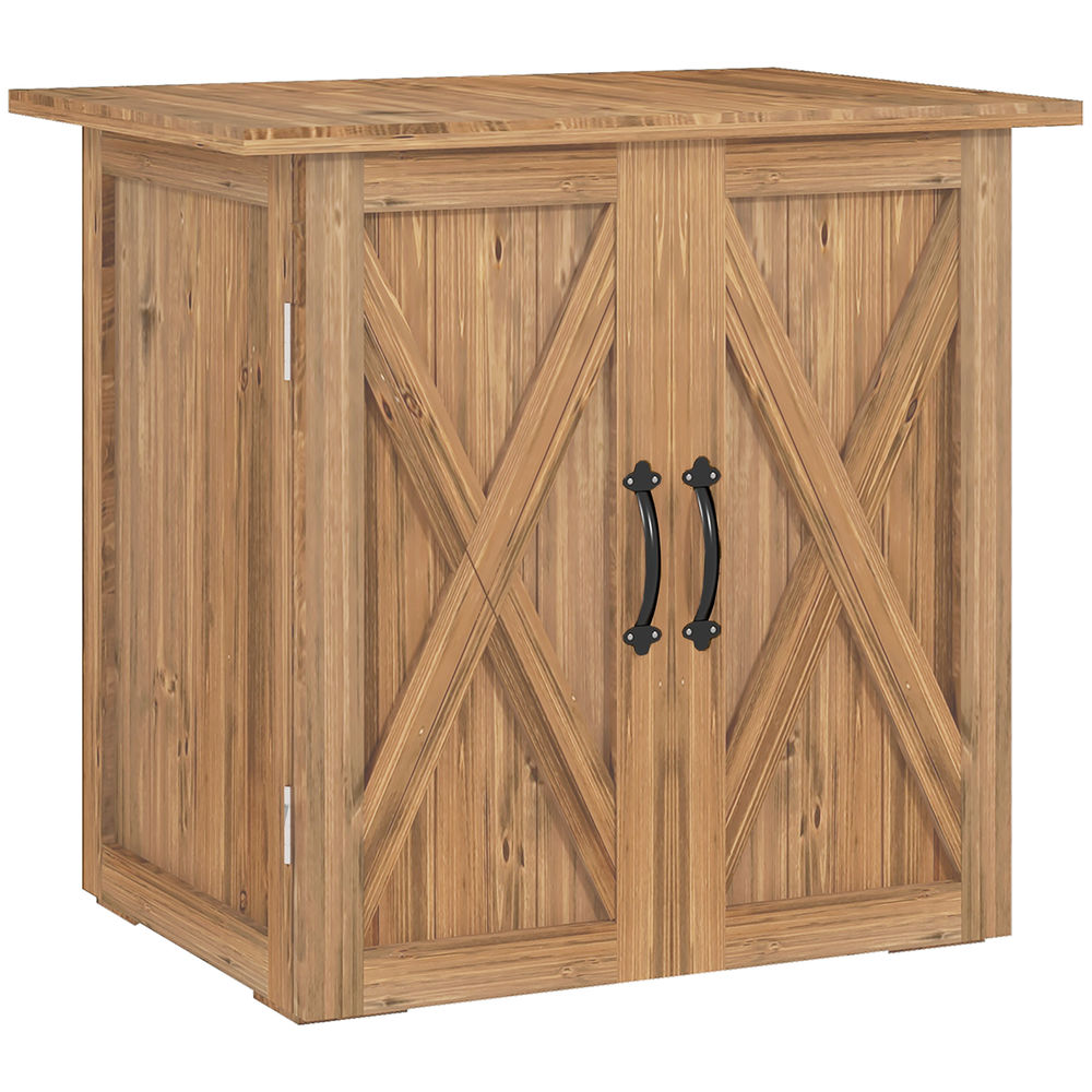 Outsunny ármário de jardim abrigo de madeira para exterior com 2 portas magnéticas abrigo para armazenamento de ferramentas 77x55x72 cm marrom