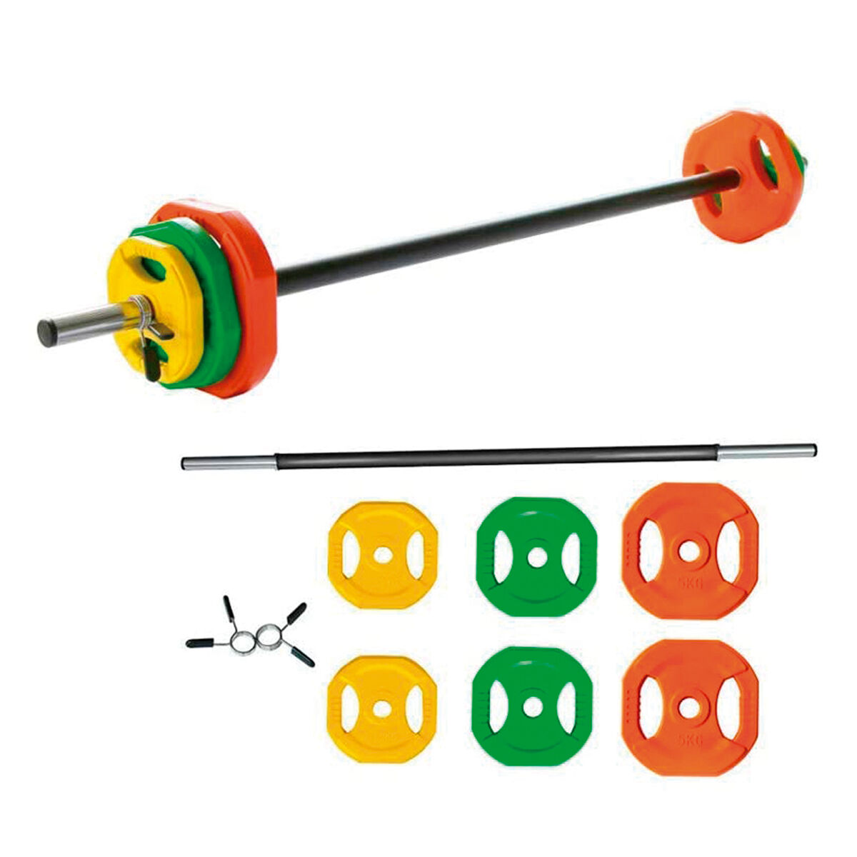 Conjunto de pesos de barra para treinamento de força completo. inclui variedade de pesos para exercícios variados e progressivos.