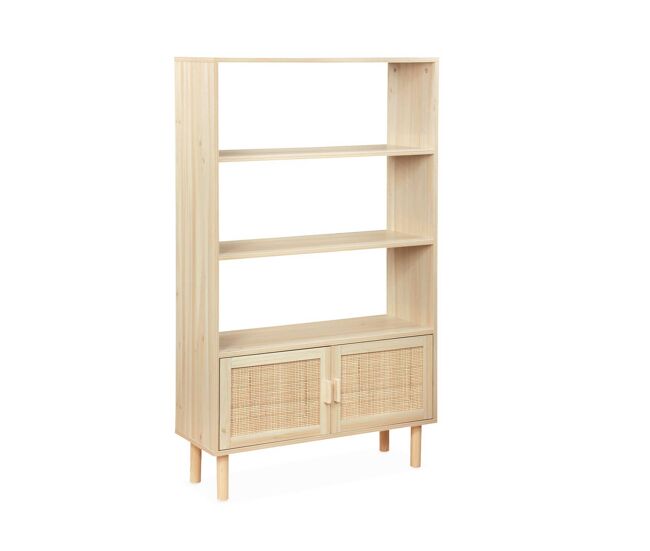Estante em cana e efeito madeira, 3 níveis com 2 portas, camargue, natural, 80x30x140 cm
