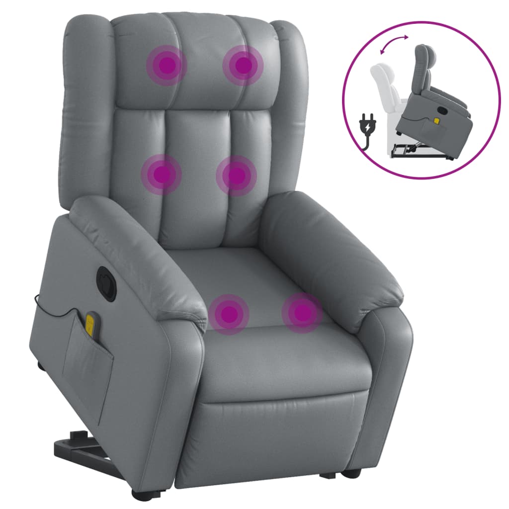 Vidaxl poltrona massagens reclinável elevatória couro artif. cinzento
