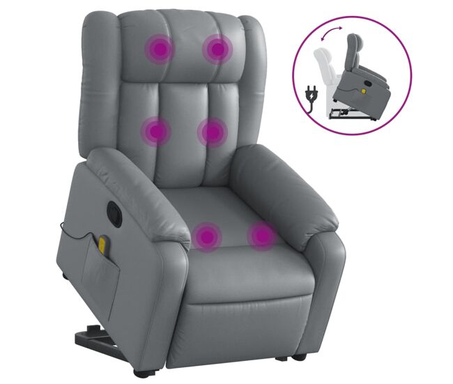 Vidaxl poltrona massagens reclinável elevatória couro artif. cinzento