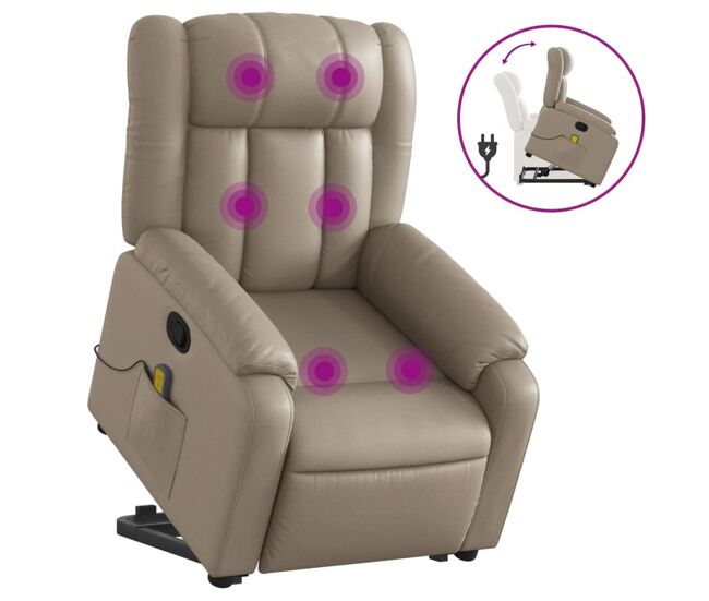 Vidaxl poltrona massagens reclinável elevatória couro art. cappuccino