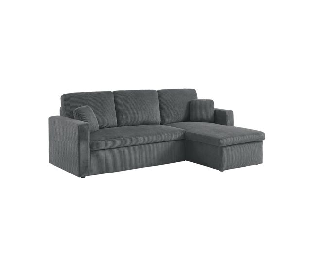 Sofá-cama de canto conversível de 3 lugares, ida veludo canelado, gris escuro, 219x81x68 cm