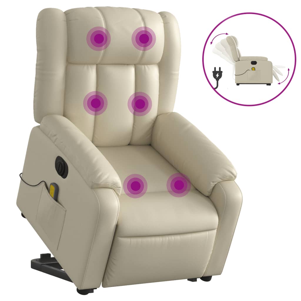 Vidaxl poltrona reclinável elevatória elétrica couro artificial creme
